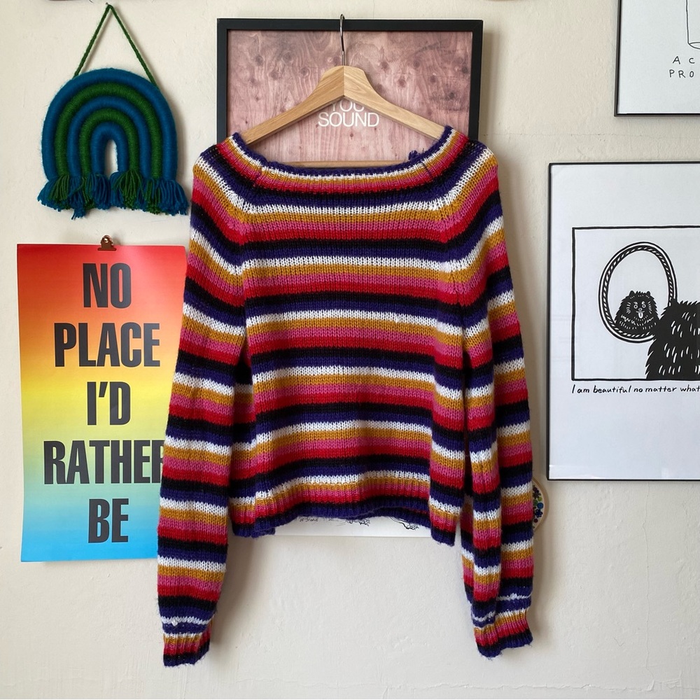 Rue 21 Rainbow Striped Acrylic Knit Boatneck Sweater Size Large